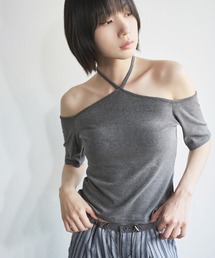 [UNE ORIGINAL]2WAYホルターネックストリングリボンバックオープンTシャツカットソー