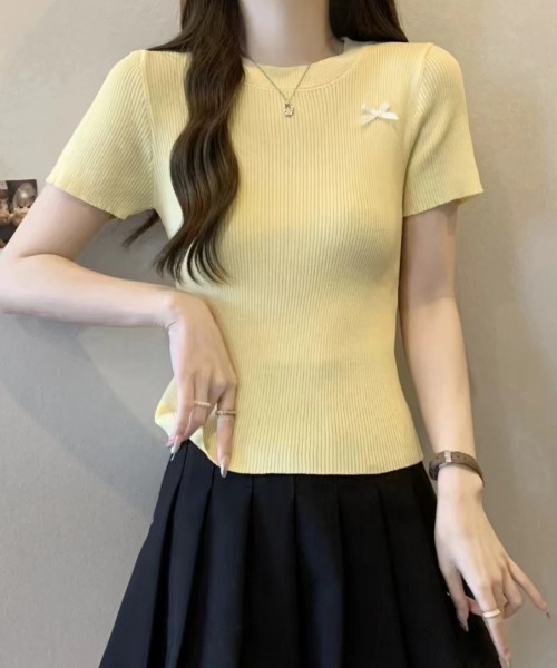 セール】リボン付き 半袖ニット（ニット/セーター）｜AsheKsha