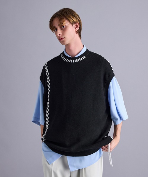 JUNRED（ジュンレッド）の「ビッグステッチニットベスト（ベスト・メンズ・ブルー系その他4/チャコールグレー/ブラック・L/S/M）」の2枚目の写真