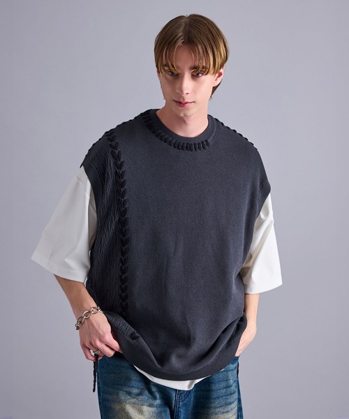 JUNRED（ジュンレッド）の「ビッグステッチニットベスト（ベスト・メンズ・ブルー系その他4/チャコールグレー/ブラック・L/S/M）」の17枚目の写真