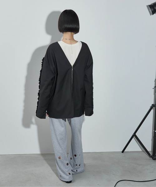 フリル付きグレー 2WAY ノースリーブジャケット XS-Lサイズあり 【GINZA COUTURE/銀座クチュール】プリント