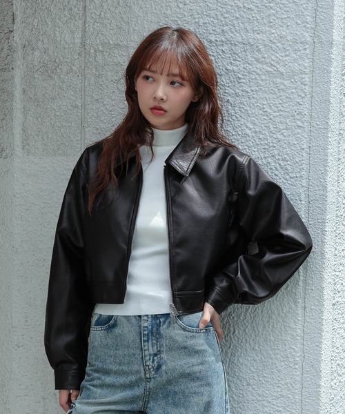 3.3 Field Trip （3.3フィールドトリップ）の「3.3 Field Trip／フェイクレザーショートジャケット（ライダースジャケット・レディース・ブラウン/ブラック/チャコールグレー/アイボリー・FREE）」の3枚目の写真