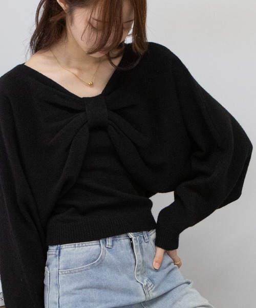 ブラック ニット ポンチョ リボン付き RILATO】 ご予約 ハイネックニットポンチョ | select shop Liren