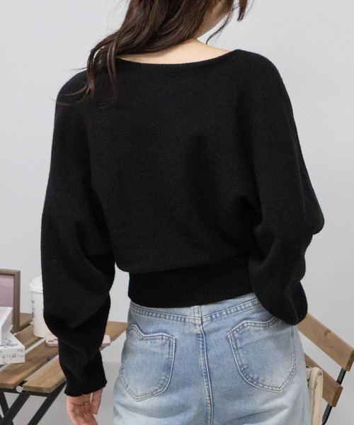 ブラック ニット ポンチョ リボン付き FREAK'S STORE/バック リボン デザイン 配色 ショート ニット