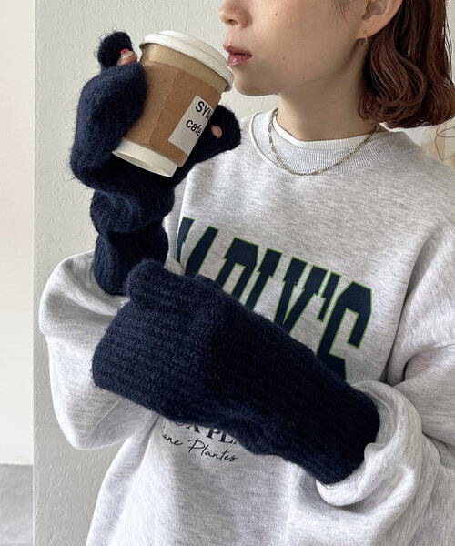 DISCOAT（ディスコート）の「ニット三つ指ミトン（手袋・レディース・ネイビー/ベージュ・FREE）」の2枚目の写真