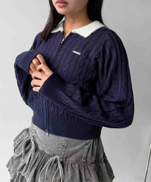 ◇Wジップ襟付き ケーブルニットカーディガン