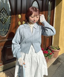◇Wジップ襟付き ケーブルニットカーディガン
