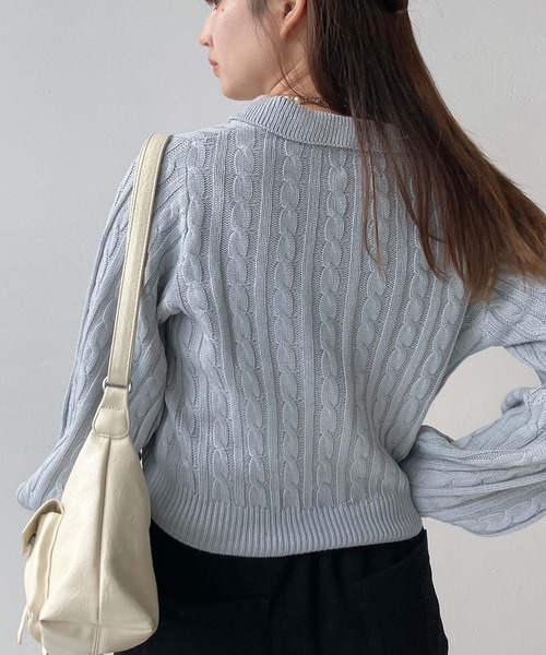 セール】◇ワンポイントロゴ刺繍 Wジップ襟付き ケーブルニット