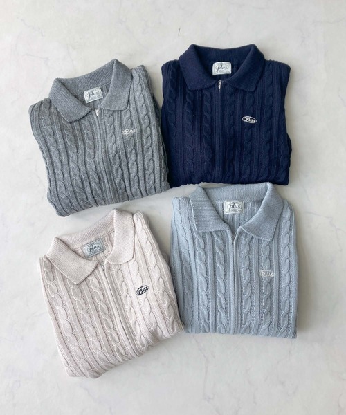 セール】◇ワンポイントロゴ刺繍 Wジップ襟付き ケーブルニット