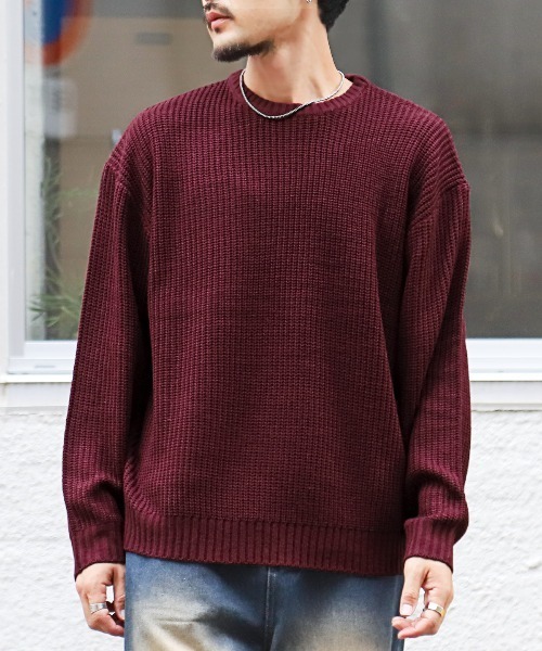 LUXSTYLE（ラグスタイル）の「畦編みクルーネックニット（ニット/セーター・メンズ・ベージュ/ワインレッド/ブルー系その他/グリーン系その他/イエロー系その他/ブルーグレー/ブラック/オレンジ系その他/グレー・L/M）」の8枚目の写真