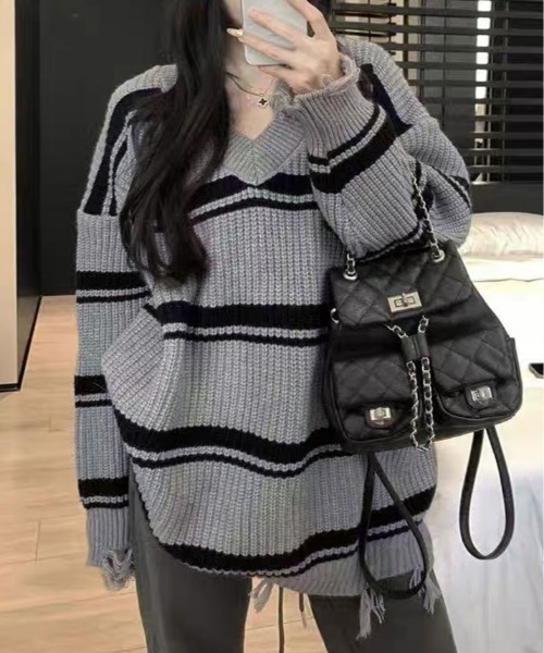 セール】クラッシュ デザイン Vネック ボーダー ニット（ニット