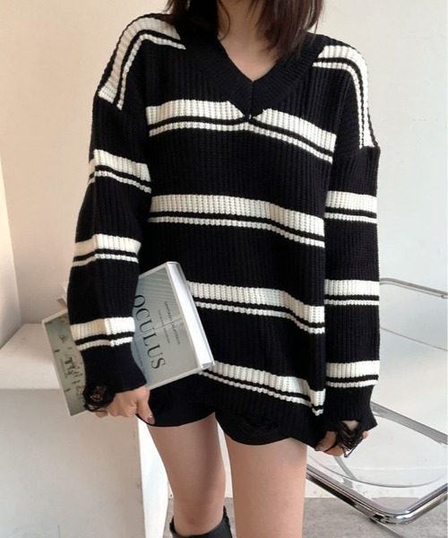 セール】クラッシュ デザイン Vネック ボーダー ニット（ニット