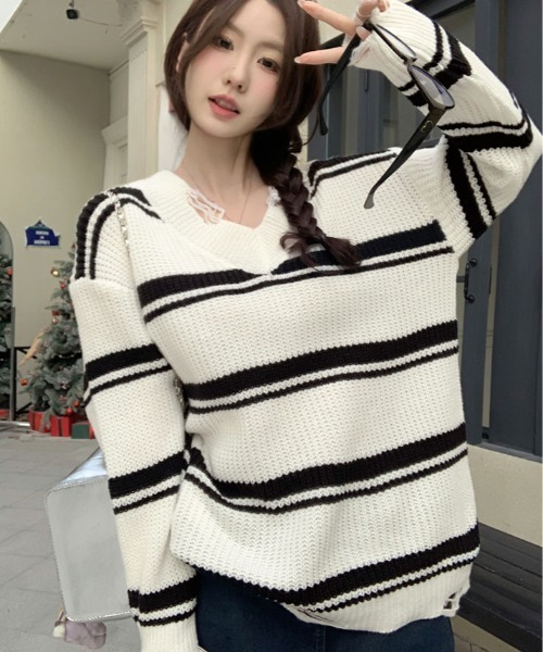 セール】クラッシュ デザイン Vネック ボーダー ニット（ニット