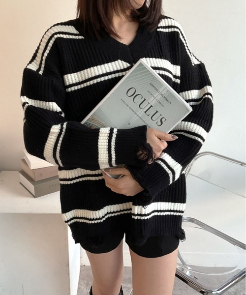 kirakiraShop（キラキラショップ）の「クラッシュ デザイン Vネック ボーダー ニット（ニット/セーター・レディース・オフホワイト/グレー/ブラック・FREE）」の15枚目の写真