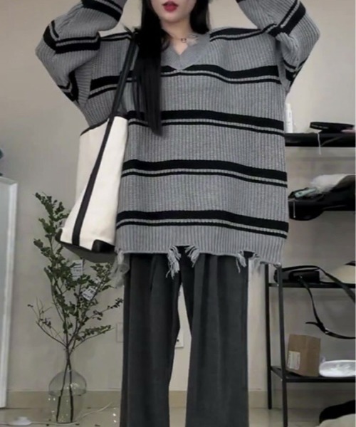 クラッシュ デザイン Vネック ボーダー ニット（ニット/セーター
