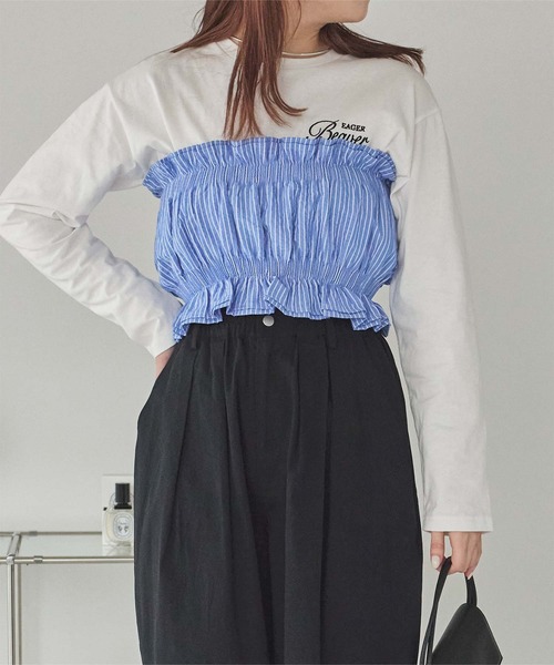 titivate（ティティベイト）の「サッカーストライプシャーリングビスチェ（チューブトップ・レディース・ブラック/ホワイト/ブルー系その他/グリーン系その他・FREE）」の4枚目の写真