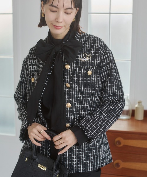 アーツアンドサイエンス　ノーカラー　ショートコート　ツイード　ジャケット HUG.U（ハグユー） ジャケット ノーカラー ノーカラージャケット