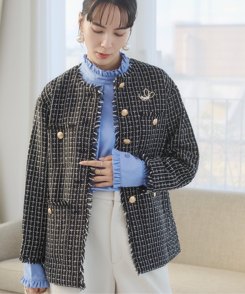 セール】ノーカラー ツイードジャケット（ノーカラージャケット