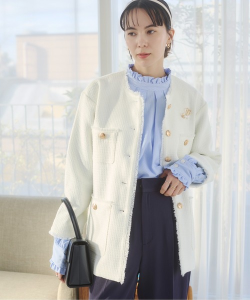 セール】【オケージョン対応】ノーカラー ツイードジャケット（ノー