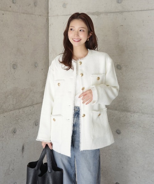 セール】【オケージョン対応 / セレモニー対応】ノーカラー ツイード