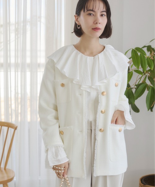 セール】ノーカラー ツイードジャケット（ノーカラージャケット