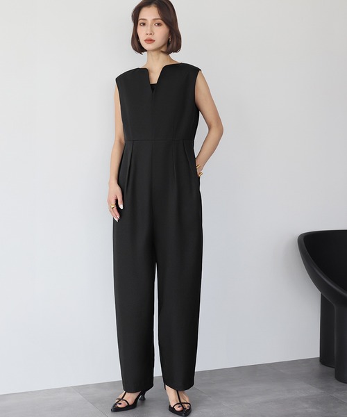 タック入りVネックオールインワン（つなぎ/オールインワン