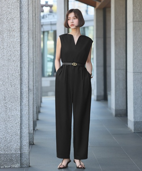 セール】タック入りVネックオールインワン（つなぎ/オールインワン