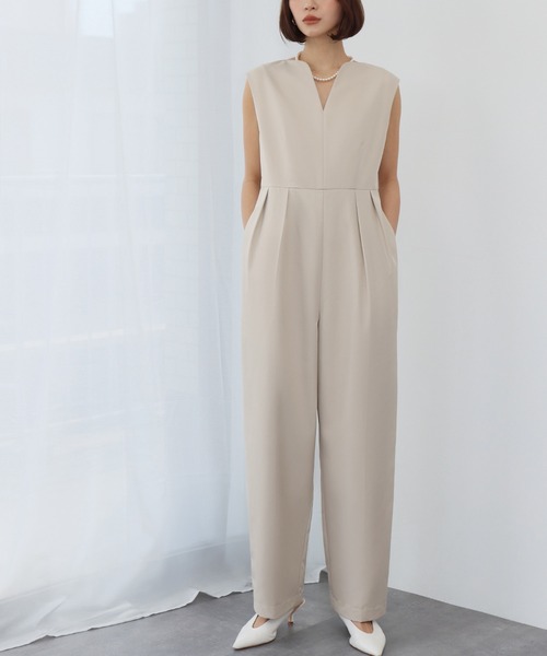 セール】タック入りVネックオールインワン（つなぎ/オールインワン