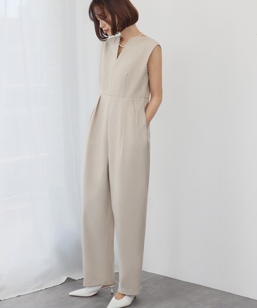 セール】タック入りVネックオールインワン（つなぎ/オールインワン