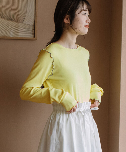 POU DOU DOU（プードゥドゥ）の「マルチカラーメローリブトップス（Tシャツ/カットソー・レディース・ライトイエロー/ブラック/オフホワイト/ラベンダー・M）」の4枚目の写真