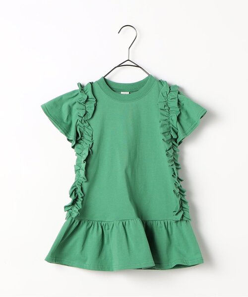 p.premier（ピードットプルミエ）の「【ジュニア対応】サイドフリルTシャツワンピース（ワンピース・キッズ・チャコール/グリーン/ブラウン/アイボリー・140/130/120/110/100/90/80）」の4枚目の写真