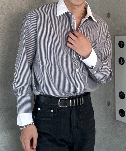 Otte(オッテ)の「ドッキングストライプシャツ(シャツ/ブラウス・メンズ・ブルー/ブラック・X-LARGE/MEDIUM/LARGE/XX-LARGE)」の4枚目の写真