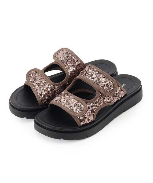 SHOO・LA・RUE(シューラルー)の「スパンコールベルトサンダル(サンダル・レディース・ブラック/シルバー/ブロンズ・45/35)」の1枚目の写真