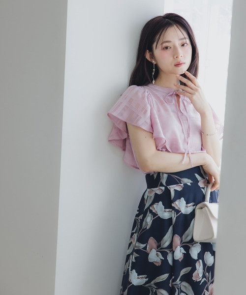 小さいサイズ リボン付きシアーチェックブラウス 低身長さん