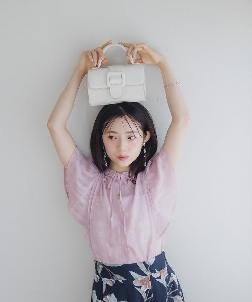 Petitjo(プッチージョ)の「小さいサイズ リボン付きシアーチェックブラウス 低身長さん・小柄女性(シャツ/ブラウス・レディース・ピンク/ホワイト・PSS/PS/PM/PL)」の10枚目の写真