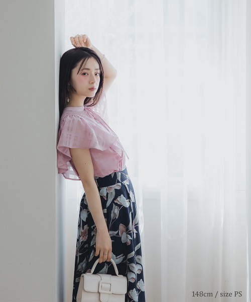 Petitjo(プッチージョ)の「小さいサイズ リボン付きシアーチェックブラウス 低身長さん・小柄女性(シャツ/ブラウス・レディース・ピンク/ホワイト・PSS/PS/PM/PL)」の12枚目の写真
