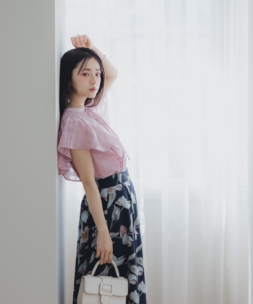セール】小さいサイズ リボン付きシアーチェックブラウス 低身長