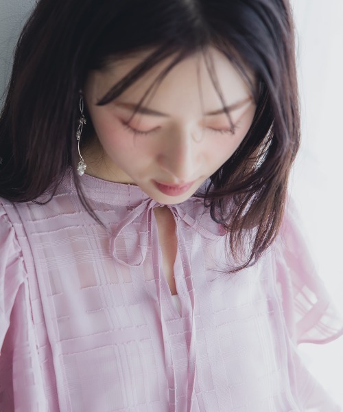 Petitjo(プッチージョ)の「小さいサイズ リボン付きシアーチェックブラウス 低身長さん・小柄女性(シャツ/ブラウス・レディース・ピンク/ホワイト・PSS/PS/PM/PL)」の14枚目の写真