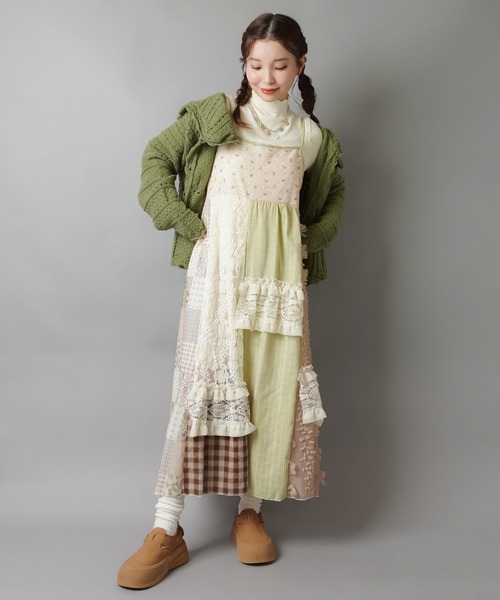 ワンダフルワールド 黒 勿忘草 チェックパッチワークキャミワンピース ワンダフルワールド 黒 勿忘草 チェックパッチワークキャミ