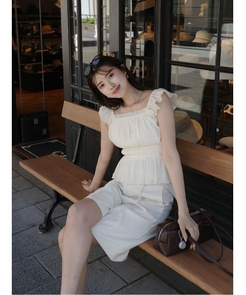 rienda（リエンダ）の「【AKB48千葉恵里さん着用】ベルト付きハーフパンツ セットアップ 夏服（スラックス・レディース・アイボリー/ブラウン・SMALL/MEDIUM）」の21枚目の写真