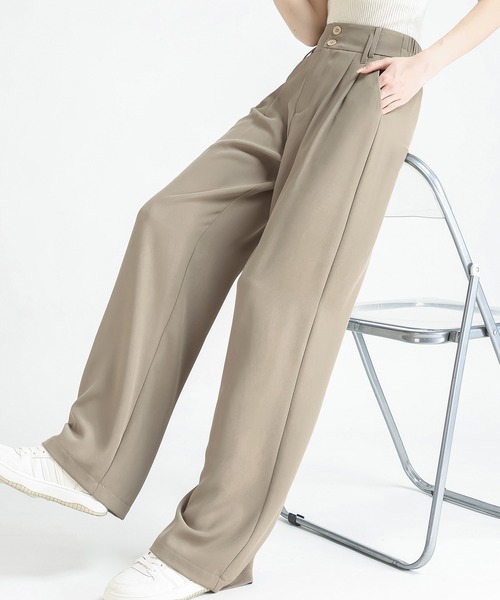 HANDO（ハンド）の「[高身長サイズMT/低身長サイズS有り]ダブルボタン センタープレスストレートス ハイウエスト タックワイドスラックス 着痩せ 美脚ストレートパンツ オフィスカジュアル きれいめカジュアル（スラックス・レディース・カーキ/ブラック・S/M/L/XL/XXL）」の21枚目の写真