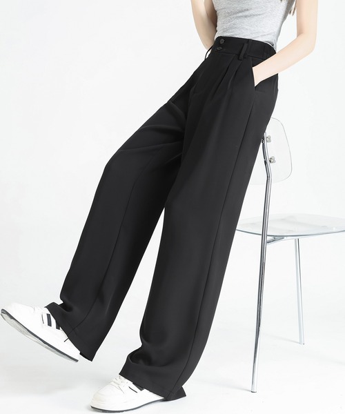 HANDO（ハンド）の「[高身長サイズMT/低身長サイズS有り]ダブルボタン センタープレスストレートス ハイウエスト タックワイドスラックス 着痩せ 美脚ストレートパンツ オフィスカジュアル きれいめカジュアル（スラックス・レディース・カーキ/ブラック・S/M/L/XL/XXL）」の11枚目の写真
