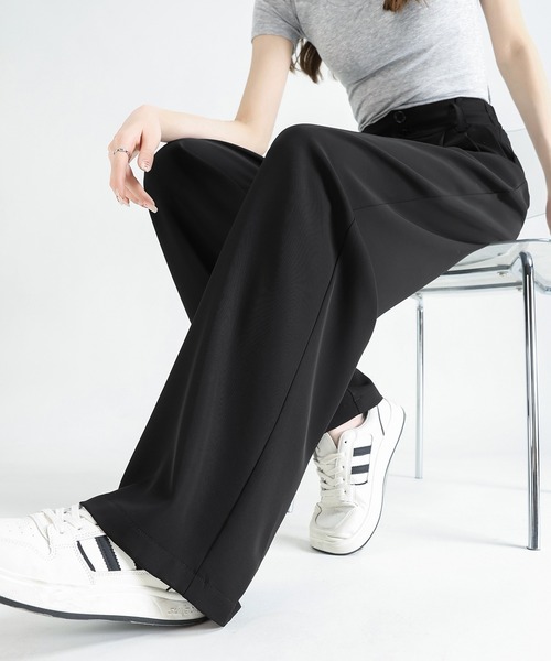 HANDO（ハンド）の「[高身長サイズMT/低身長サイズS有り]ダブルボタン センタープレスストレートス ハイウエスト タックワイドスラックス 着痩せ 美脚ストレートパンツ オフィスカジュアル きれいめカジュアル（スラックス・レディース・カーキ/ブラック・S/M/L/XL/XXL）」の14枚目の写真