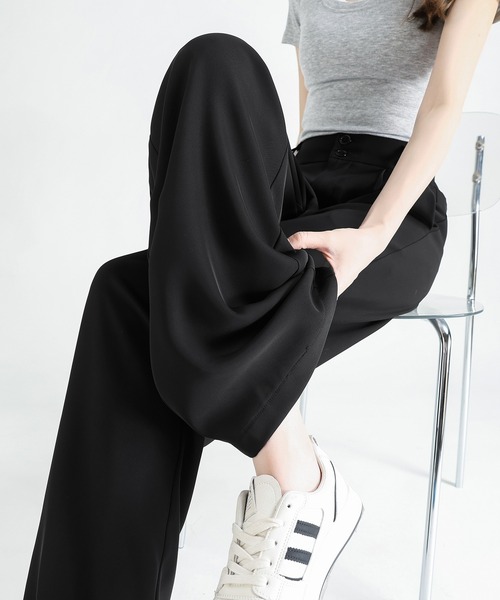 HANDO（ハンド）の「[高身長サイズMT/低身長サイズS有り]ダブルボタン センタープレスストレートス ハイウエスト タックワイドスラックス 着痩せ 美脚ストレートパンツ オフィスカジュアル きれいめカジュアル（スラックス・レディース・カーキ/ブラック・S/M/L/XL/XXL）」の15枚目の写真