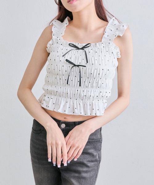 OLIVE des OLIVE（オリーブデオリーブ）の「肩フリルシャーリングキャミ（キャミソール・レディース・アイボリー/オフホワイト/ホワイト/ブラウン・FREE）」の3枚目の写真