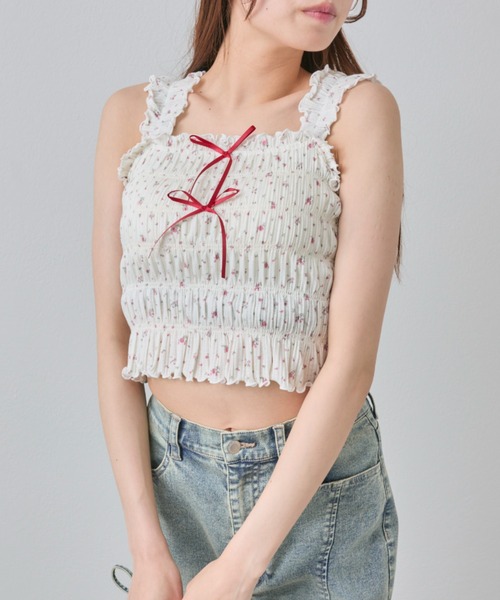 OLIVE des OLIVE（オリーブデオリーブ）の「肩フリルシャーリングキャミ（キャミソール・レディース・アイボリー/オフホワイト/ホワイト/ブラウン・FREE）」の7枚目の写真