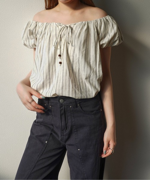 Enewd nina ストライプボタンオフショルダー ストライプ ボタン オフショルダー Tシャツ ベージュ ブラック