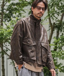 mj10921-Vintage Like Synthetic Leather Short Flight Jacket レザージャケット