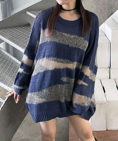 SPIRALGIRL(スパイラルガール)の「ゼブラ柄透かし編みニット(ニット/セーター・レディース・ブラック/ブルー/ブラウン・FREE)」の3枚目の写真