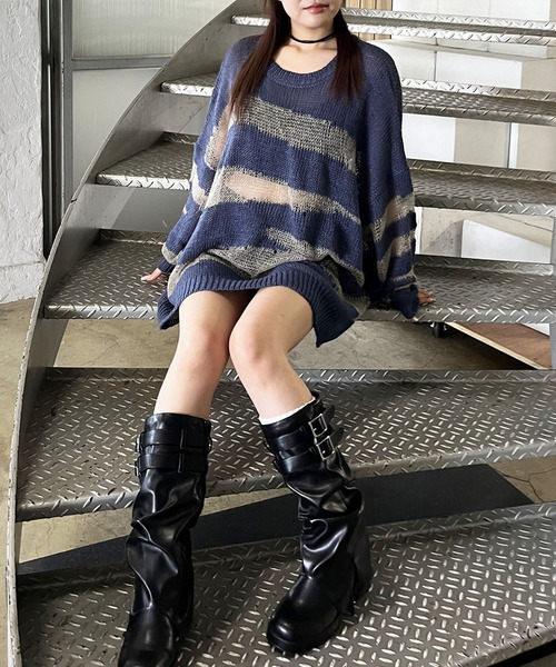 SPIRALGIRL(スパイラルガール)の「ゼブラ柄透かし編みニット(ニット/セーター・レディース・ブラック/ブルー/ブラウン・FREE)」の9枚目の写真